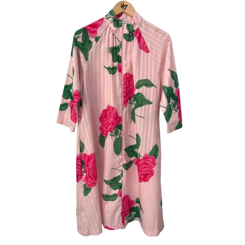 Vintage Travel Lite Housecoat Nightgown Size Medium Full Zip Striped Rose Print